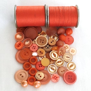 52 Vintage Orange Buttons Variety Mix, 2 Spools Matching Thread, Plastic, Pearlized, Moonglow, Molded, Faux Pearl | Sewing, Craft Supplies