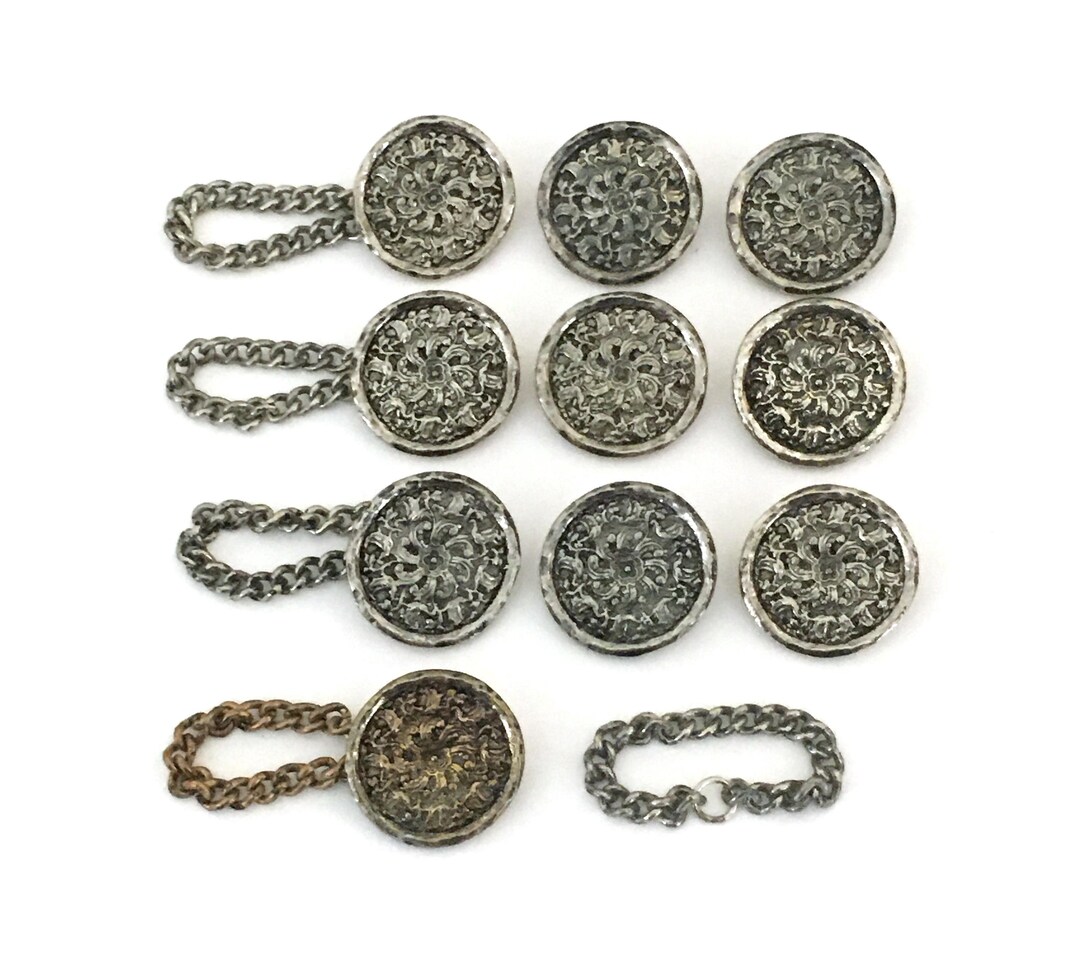 10 Vintage Silver Tone Buttons, Chains, Embossed Flower / Pinwheel ...