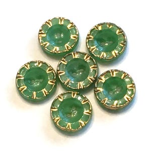6 Vintage Green Glass Buttons, Hand Painted Gold Accents, Round|Sewing, Button Jewelry, Knitting, Crochet, Dress, Shirt, Duvet Quilt Hat Bag