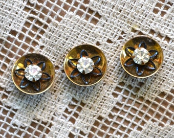 3 Antique Rhinestone, Pierced Flower, Concave Gold tone Metal Buttons | Sewing Crochet Knitting Shirt Dress Sweater Pillow Duvet Victorian