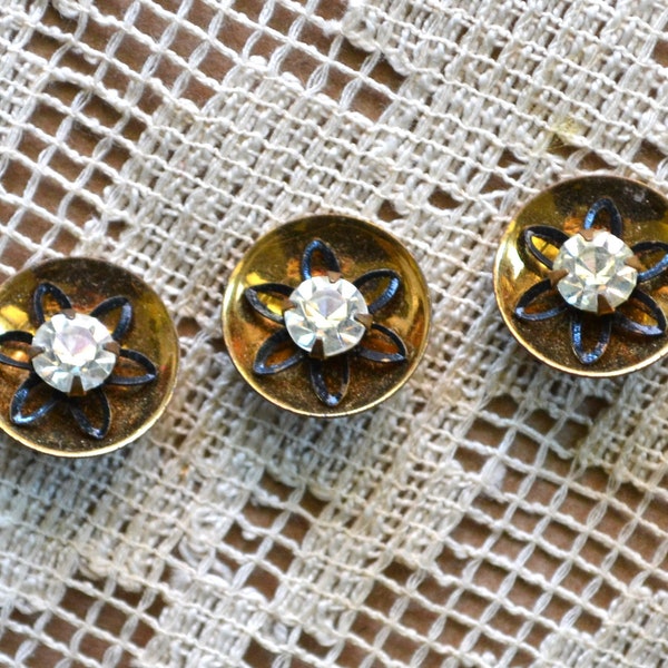 3 Antique Rhinestone, Pierced Flower, Concave Gold tone Metal Buttons | Sewing Crochet Knitting Shirt Dress Sweater Pillow Duvet Victorian