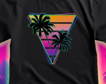 80er Retro Synthwave Aesthetic Sunset and Palms T-Shirt