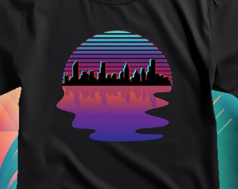 Koszulka Retro Synthwave City Skyline Silhouette Glitch
