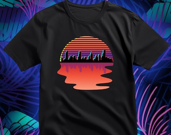 Synthwave Skyline Silhouette Glitch Art T-shirt