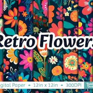 Beautiful Retro Flowers | 9 x Unique Designs | Digital Art | Instant Download | Seamless Printable Digital Paper | Bright Colourful Patterns