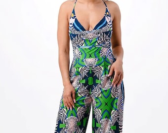 Blue Printed Cowl Neck Backless Jumpsuit w/ Leg Slit | Summer Jumpsuit | Resort Sun Beach Jumpsuit | Brunch Festival Party Concert Jumpsuit