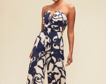 Blue Printed Strapless Wide Leg Jumpsuit with Leg Slit | Elegant Summer Jumpsuit |  Festival or Concert Outfit | Wedding Guest Jumpsuit