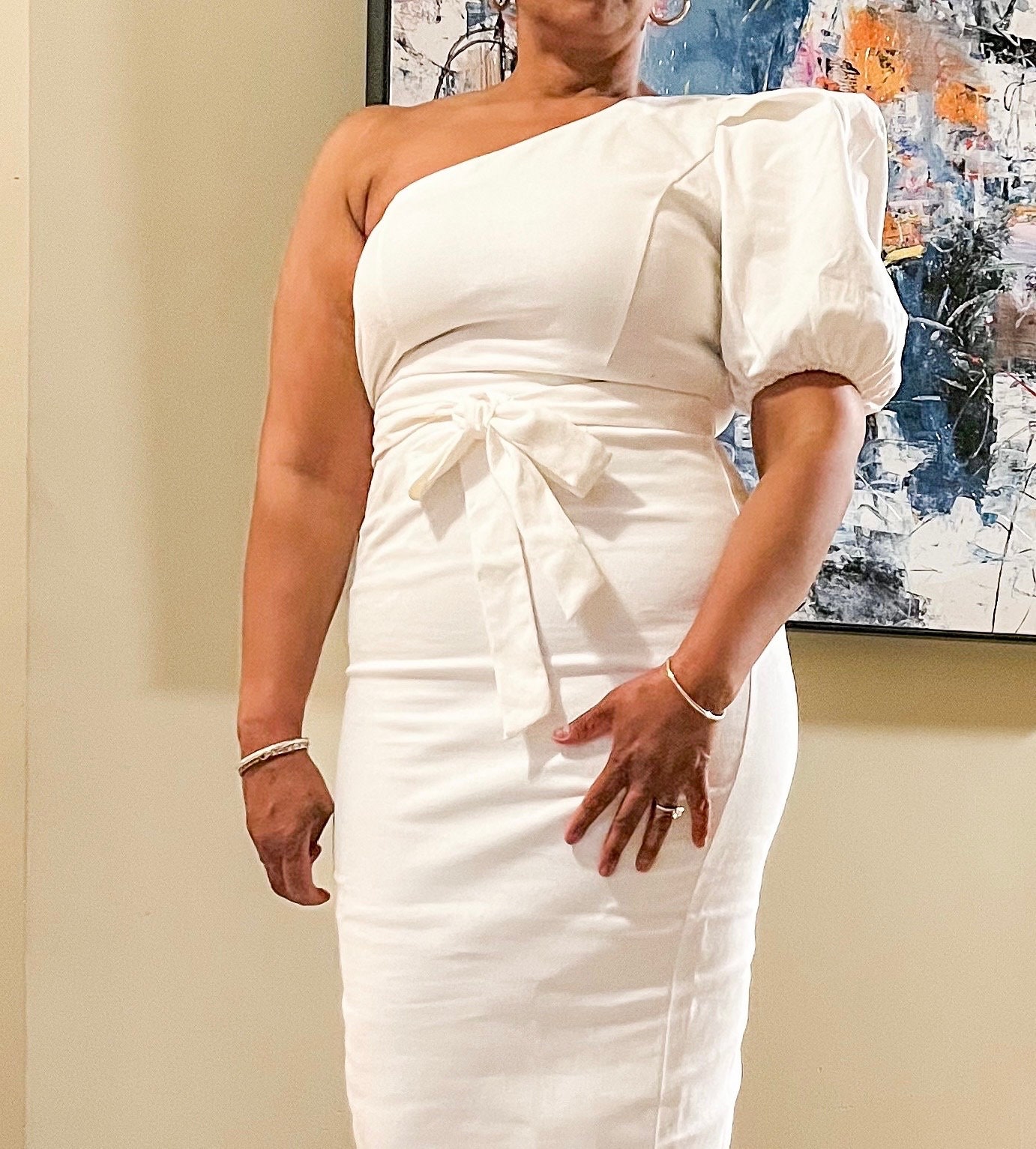 White Ivory One-Shoulder Denim Midi Dress - Stretch Jean Dress