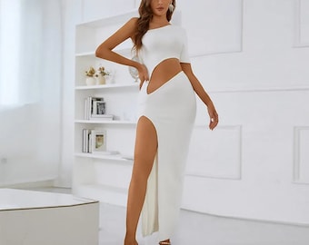 White One Shoulder Bandage Dress with Waist Cut Outs Thigh High Slit | Bodycon Dress for Evening, Cocktail, Formal, Prom or Gala