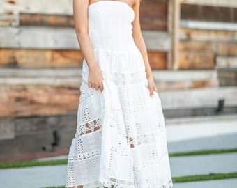 Weißes Trägerloses Midikleid aus Häkelspitze | Festival Outfit | Weiße Party | Weißes Hochzeitsgast Kleid | Weißes Abschlusskleid