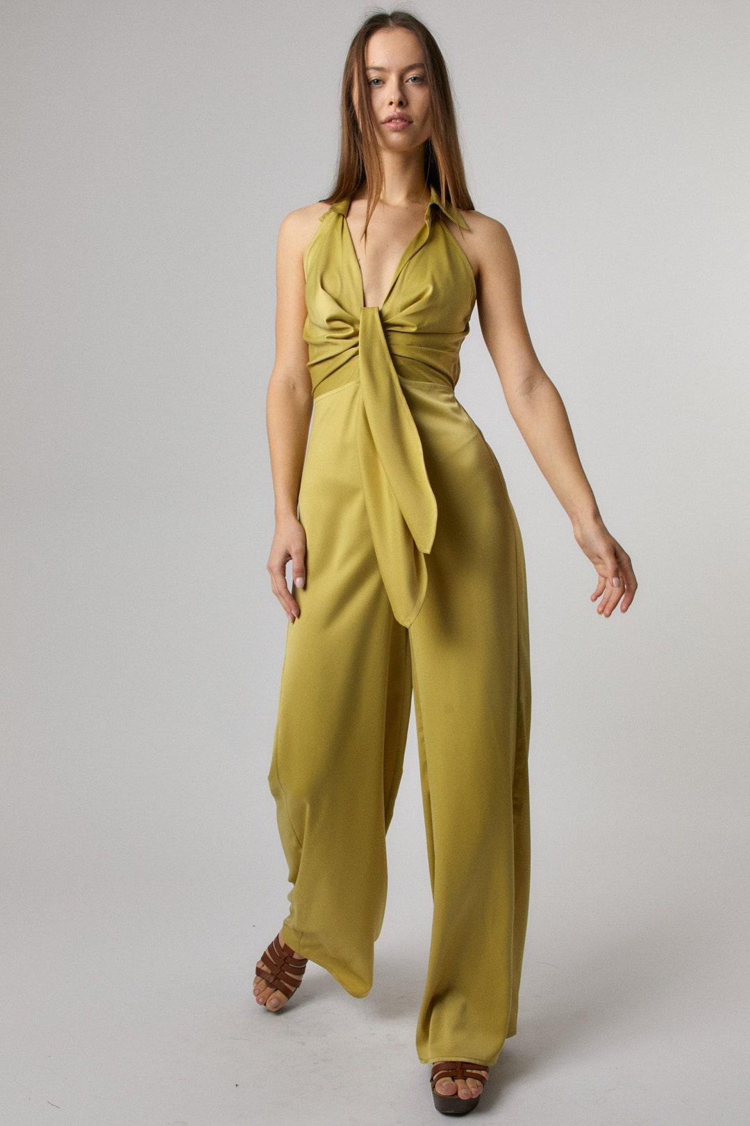 Olive Green Halter Neck Jumpsuit Summer Jumpsuit Concert Outfit Wedding