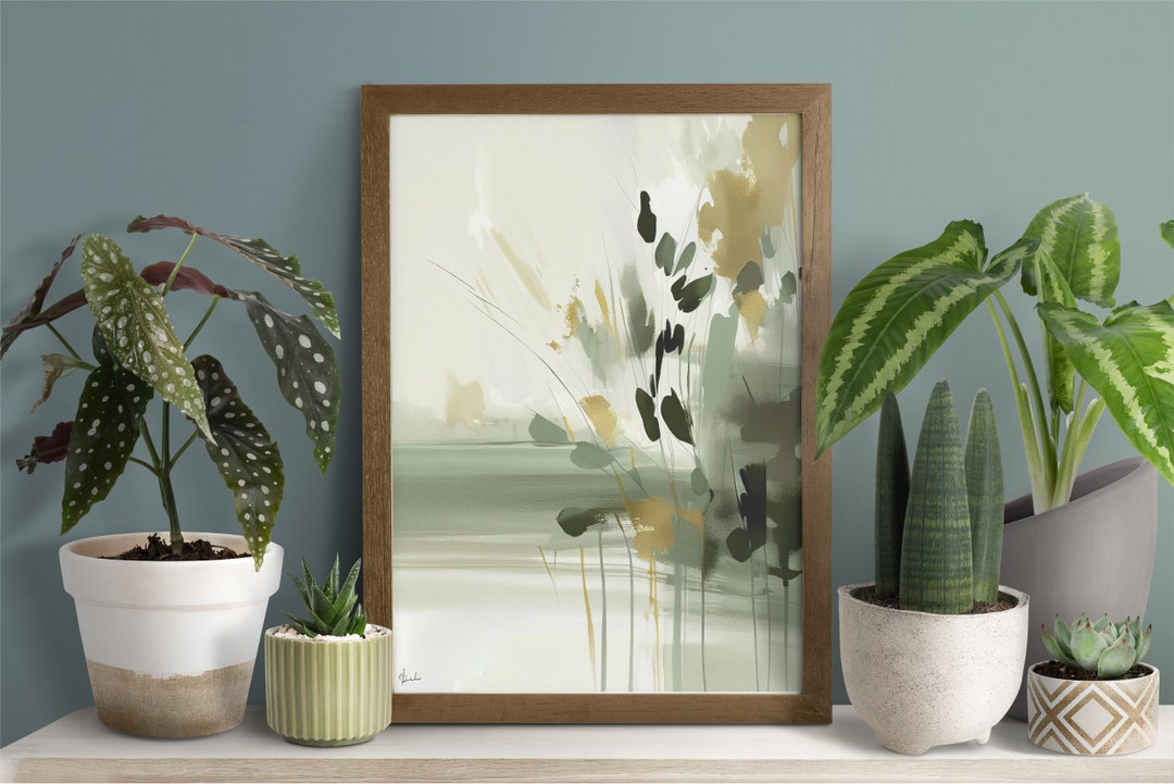 Abstract Green Plant Wall Art, Large Painting Art, Bedroom Wall Art