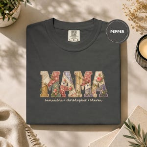 Mama Shirt with Kids Names | Faux Embroidered Mama Shirt | Personalized Mom Shirt | Floral Patchwork Comfort Colors Tee