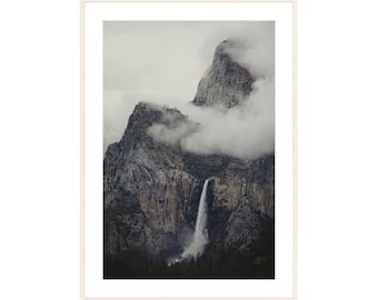 Bridalveil Falls in Clouds Yosemite Fine Art Photography Print - Moody Close Up Waterfall Wall Art
