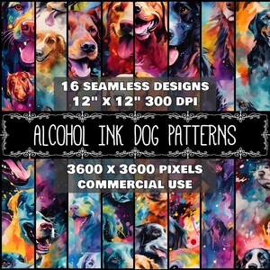 Puede incluir: 16 patrones digitales sin costuras con retratos de perros de tinta de alcohol coloridos. Cada patrón mide 30,48 cm por 30,48 cm y 300 DPI, con una resolución de 3600 x 3600 píxeles. Estos patrones son para uso comercial.