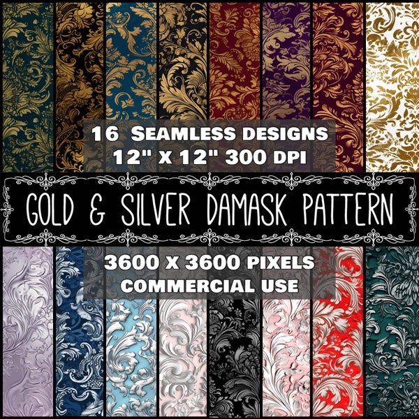 Digital Paper Gold Damask Pattern Instant Download Seamless Digital Silver Damask Design Scrapbook Damask Gold Silver Instant Download