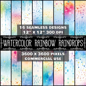 Può includere: 16 motivi di carta digitale senza cuciture con gocce di pioggia arcobaleno ad acquerello in varie tonalità di blu, rosa, giallo, arancione e verde. Ogni motivo misura 30,48 cm per 30,48 cm e 300 DPI.