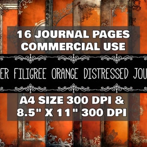 Puede incluir: 16 páginas de diario digitales con un fondo naranja desgastado y bordes de filigrana plateada. Las páginas miden 8,5 pulgadas por 11 pulgadas y 300 DPI. También están disponibles en tamaño A4.