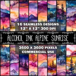 Puede incluir: 16 diseños de papel digital sin costuras con paisajes de montaña de tinta de alcohol con una paleta de colores de amanecer. Cada diseño mide 30,48 cm por 30,48 cm y 300 DPI. Los diseños son perfectos para uso comercial.