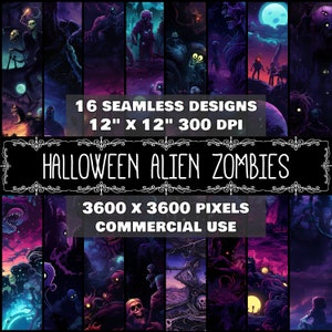 Peut inclure: Un collage de 16 motifs numériques sans couture représentant des zombies extraterrestres dans une variété de poses et de décors. Les motifs mesurent 30,48 cm sur 30,48 cm et 300 DPI, avec une résolution de 3600 x 3600 pixels. Les motifs sont destinés à un usage commercial.