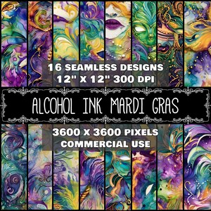 Puede incluir: 16 diseños de papel digital sin costuras que presentan arte de tinta de alcohol en tonos de morado, verde, dorado y amarillo. Los diseños presentan máscaras de Mardi Gras y patrones intrincados. Cada diseño mide 30,48 cm por 30,48 cm y 300 DPI. Los diseños miden 3600 píxeles por 3600 píxeles y son para uso comercial.