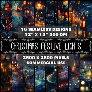 May include: A digital collage of 16 seamless Christmas festive light designs. Each design features a wintery scene with houses, trees, and twinkling lights. The designs are 12 inches by 12 inches and 300 DPI, making them perfect for creating festive backgrounds, wrapping paper, or other crafts.