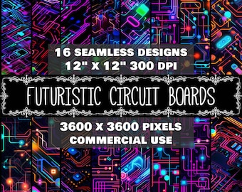 May include: A digital art image showcasing 16 seamless designs of futuristic circuit boards. The designs are 12" x 12" at 300 DPI, with a resolution of 3600 x 3600 pixels. The text "FUTURISTIC CIRCUIT BOARDS" is displayed prominently.