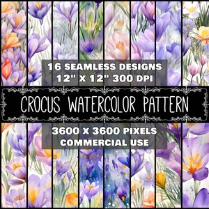 May include: 16 seamless watercolor patterns featuring purple crocuses with yellow centers. The patterns are 12 inches by 12 inches and 300 DPI. They are 3600 pixels by 3600 pixels and for commercial use.