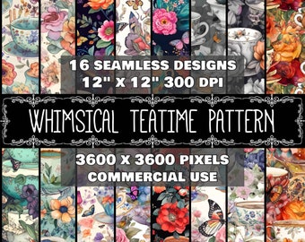 Digital Paper Whimsical Teacup Pattern Instant Download Seamless Digital Teatime Flower Design Scrapbook Digital Teacup Whimsical Pattern