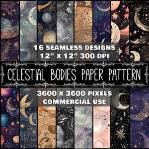 Digitaal papier nachtelijke hemel patroon Instant Download Naadloze digitale hemelse aquarel Maan Design Star Design Planeten Instant Download
