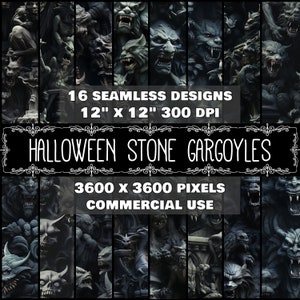 May include: A digital collage of 16 seamless designs featuring stone gargoyles in various poses. The designs are 12 inches by 12 inches and 300 DPI, with a resolution of 3600 x 3600 pixels. The designs are for commercial use.