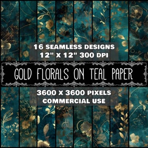 Digitales Papier Gold Blumenmuster Sofortiger Download Nahtloses Digitales Petrol Design Scrapbook Digitales Petrol Blumen Gold Muster Sofortiger Download