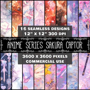 Digitaal papier Anime Sakura patroon Instant Download Naadloze digitale Anime Sakura Design Scrapbook Digitale Anime patroon Sakura Captor Anime