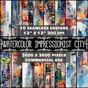 Digital Paper Impressionist Pattern Instant Download Seamless Digital Cityscape Design Scrapbook Digital Watercolor Cityscape Impressionist