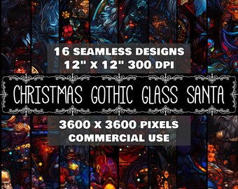 Christmas Digital Paper Gothic Santa Pattern Instant Download Seamless Christmas Stained Glass Design Scrapbook Gothic Stained Glass Santa