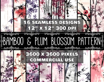 Digital Paper Chinese Ink Pattern Instant Download Seamless Digital Bamboo Scrapbook Design Plum Blossom Pattern Chinese Instant Download