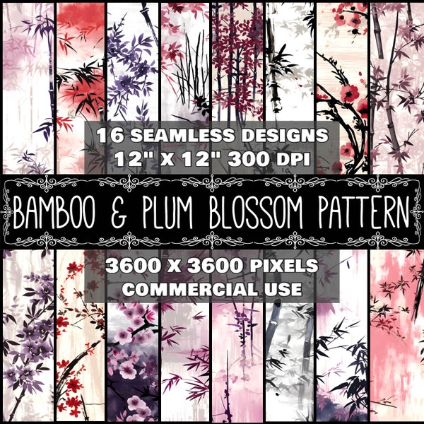 Digital Paper Chinese Ink Pattern Instant Download Seamless Digital Bamboo Scrapbook Design Plum Blossom Pattern Chinese Instant Download