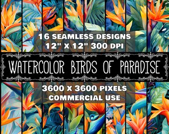 Puede incluir: 16 diseños digitales sin costuras con ilustraciones de acuarela de aves del paraíso en tonos naranja, amarillo, azul y verde. Cada diseño mide 30,48 cm por 30,48 cm y 300 DPI, con un total de 3600 x 3600 píxeles. Estos diseños son para uso comercial.