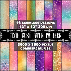 Op de afbeelding: Een digitaal papierpakket met 16 naadloze ontwerpen met een verscheidenheid aan kleuren en glittertexturen. Elk ontwerp is 30,48 cm bij 30,48 cm en 300 DPI. Het pakket is 3600 pixels bij 3600 pixels en is voor commercieel gebruik.