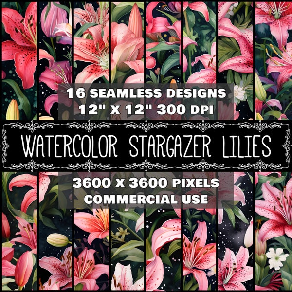 Digital Paper Stargazer Lily Pattern Instant Download Seamless Digital Lily Watercolor Design Scrapbook Digital Stargazer Lily Watercolor