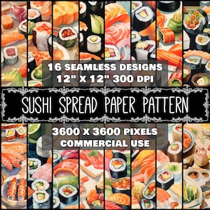 Patrón de sushi de papel digital Descarga instantánea Diseño de sushi japonés digital sin costuras Scrapbook Diseño japonés de sushi digital Descarga instantánea