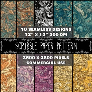 May include: Ten seamless digital paper patterns with intricate, swirling designs in shades of blue, green, purple, and yellow. Each pattern is 12 inches by 12 inches and 300 DPI, with a resolution of 3600 x 3600 pixels. The text "Scribble Paper Pattern" is displayed in a decorative font.