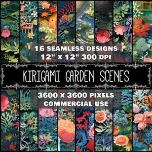 Papier numérique Kirigami Pattern Téléchargement instantané Scène de jardin numérique sans soudure Kirigami Design Scrapbook Digital Garden Kirigami Scene