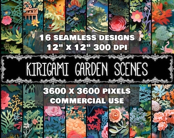 Digital Paper Kirigami Pattern Instant Download Seamless Digital Garden Scene Kirigami Design Scrapbook Digital Garden Kirigami Scene