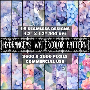 May include: 16 seamless watercolor patterns featuring hydrangeas in shades of blue, pink, and purple. Each pattern is 12 inches by 12 inches and 300 DPI, making them perfect for digital projects. The patterns are 3600 pixels by 3600 pixels and are for commercial use.