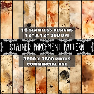 May include: 16 seamless digital paper designs featuring a stained parchment pattern with brown and orange watercolor stains. Each design is 12 inches by 12 inches and 300 DPI. The designs are 3600 pixels by 3600 pixels and are for commercial use.