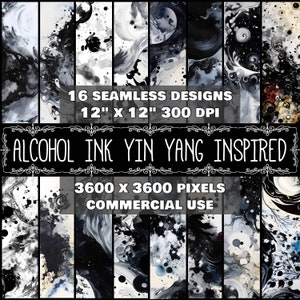 Puede incluir: 16 diseños de papel digital sin costuras inspirados en los símbolos yin yang. Los diseños presentan remolinos de tinta de alcohol en blanco y negro y patrones abstractos. Cada diseño mide 30,5 cm por 30,5 cm y 300 DPI. Los diseños son perfectos para uso comercial.
