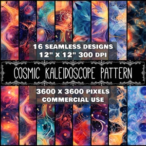 Puede incluir: 16 patrones digitales sin costuras que presentan un diseño de caleidoscopio cósmico con colores giratorios y formas abstractas. Los patrones miden 30,48 cm por 30,48 cm y 300 DPI, con una resolución de 3600 x 3600 píxeles. Estos patrones son para uso comercial.
