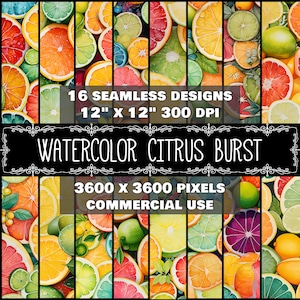 Puede incluir: 16 diseños de papel digital sin costuras que presentan ilustraciones de acuarela de cítricos, incluidos limones, limas, naranjas, pomelos y naranjas sanguinas. Los diseños miden 12 pulgadas por 12 pulgadas y 300 DPI, lo que los hace perfectos para uso comercial.