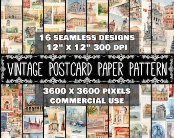 Digital Paper Vintage Postcard Pattern Seamless Instant Download Digital Postcard Vintage Design Postcard Scrapbook Pattern Instant Download